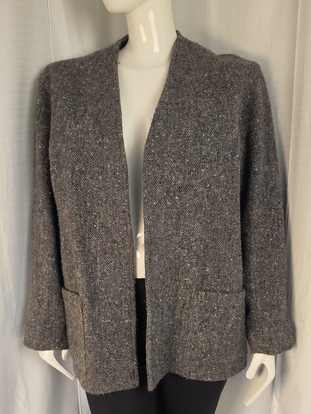 Studio Donegal Hand Woven Tweed Gray Fleck100% Wool Open-Front Jacket Size Large